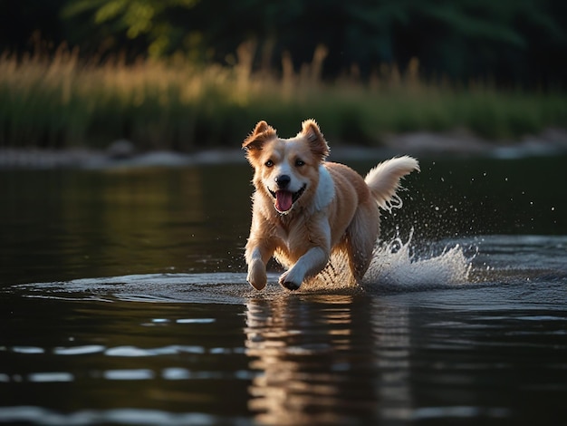 犬が水の中を走っているその上に数字8が描かれている