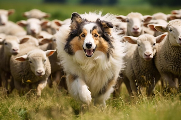 A dog is running with sheep in the background.