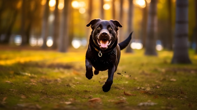 a dog is running in the woods with the sun behind him.