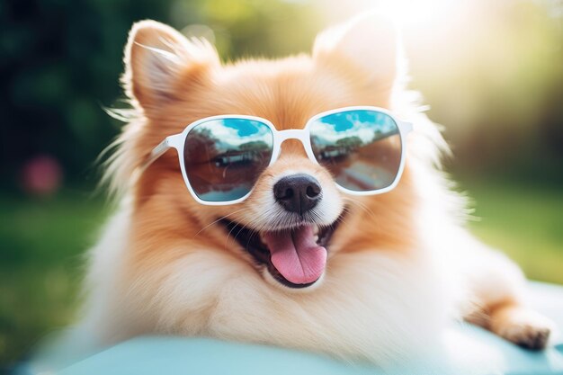 The dog is seen wearing sunglasses and relaxing in a beach chair exuding a sense of humor and