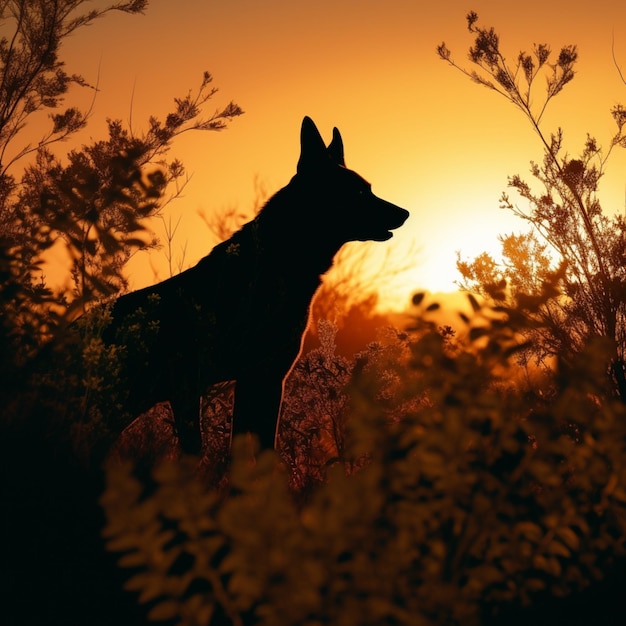 A dog is silhouetted against a sunset with the sun setting behind it.