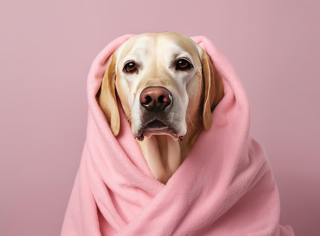 The dog is sitting after a bath Dog with towel on his head takes a bath or a beauty treatment