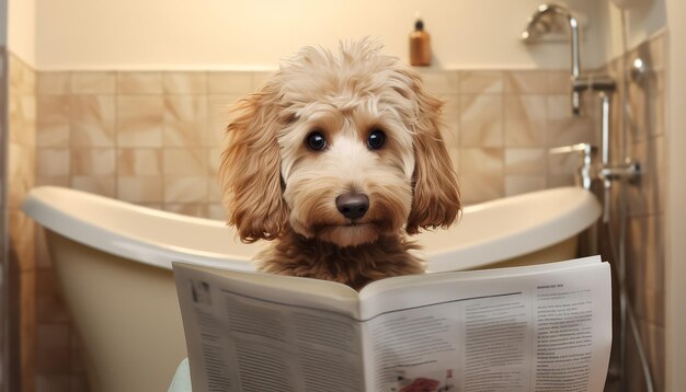 A dog is sitting in a bathtub reading a newspaper