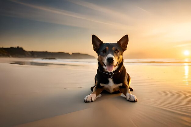 a dog is sitting on the beach and looking at the camera.