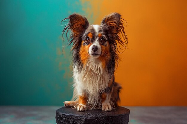 a dog is sitting on a black round object with a colorful background