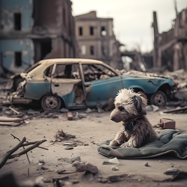 破壊された建物の前で毛布の上に犬が座っています。