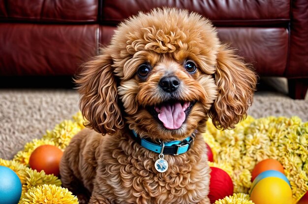 a dog is sitting on a blanket with a red ball in the background smiling dog happy