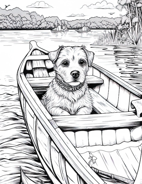 A dog is sitting in a boat on the water generative ai image