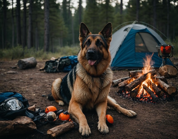 a dog is sitting next to a campfire and a campfire