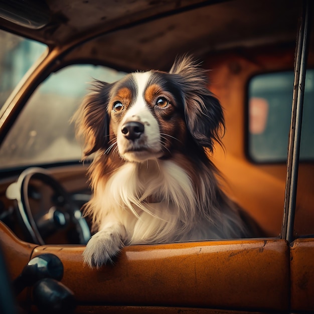 犬が車に座って窓の外を眺めています。