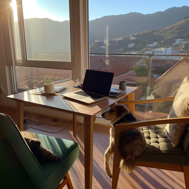 Photo a dog is sitting on a chair next to a laptop and a coffee mug.