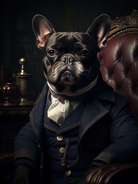 a dog is sitting on a chair with a white collar and a bow tie