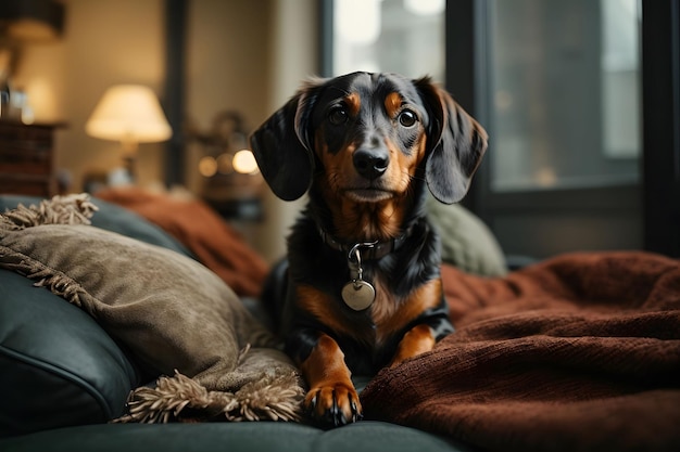 a dog is sitting on a couch with a brown blanket