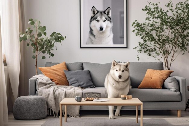 Photo a dog is sitting on a couch with a framed picture of a dog