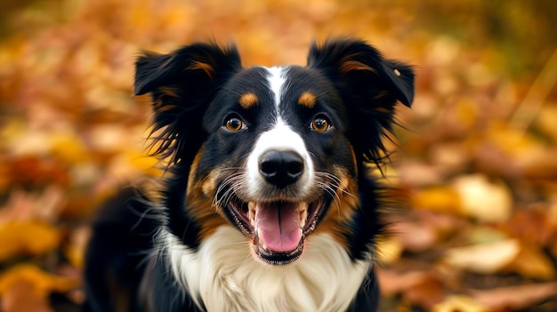 A dog is sitting in the fall leaves