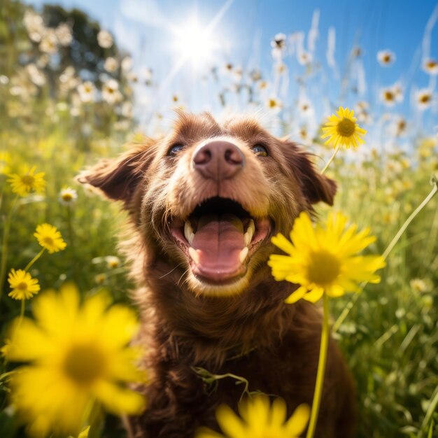 A dog is sitting in a field of flowers and the sun is shining