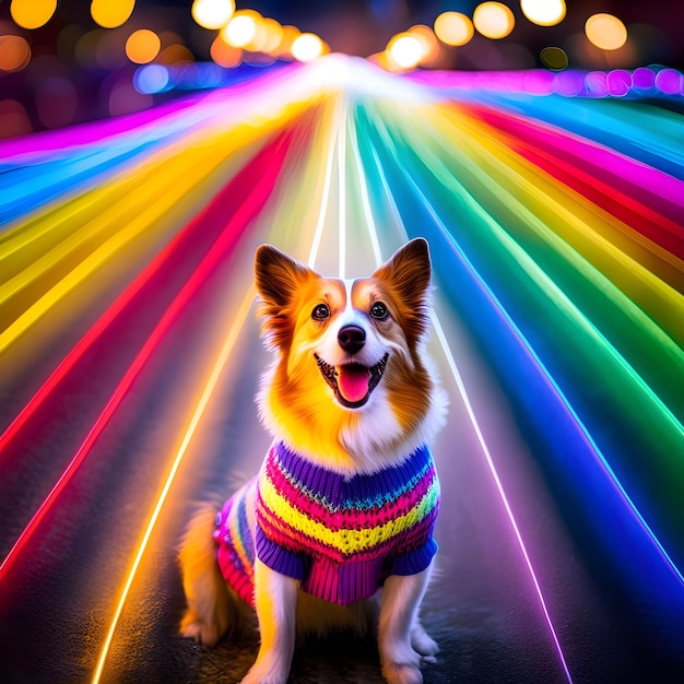 a dog is sitting in front of a rainbow colored light