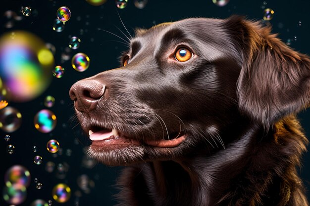 собака сидит перед мыльными пузырями