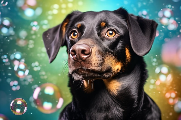 A dog is sitting in front of soap bubbles