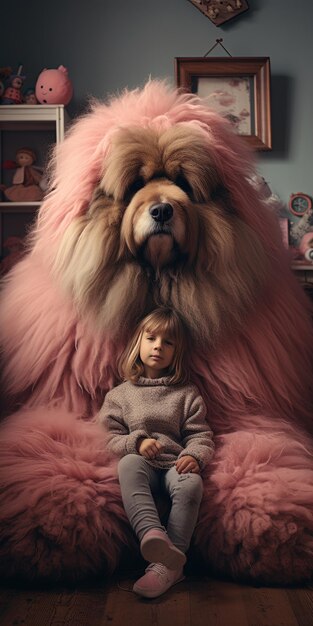 a dog is sitting next to a girl and a dog