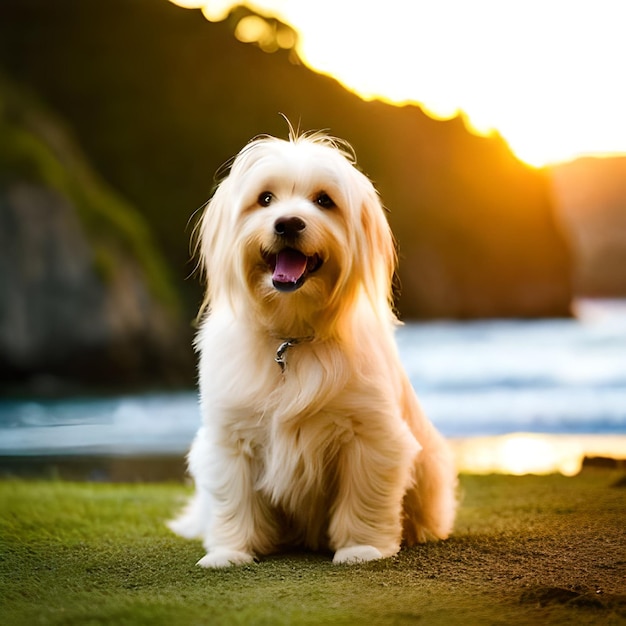 犬が草の上に座っていて、太陽が後ろに沈んでいます。