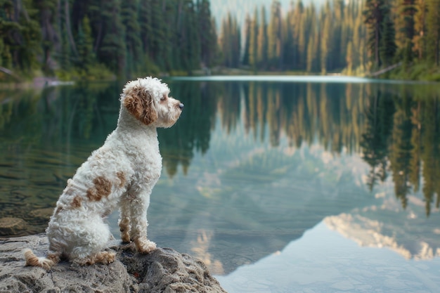 a dog is sitting on a rock by a lake