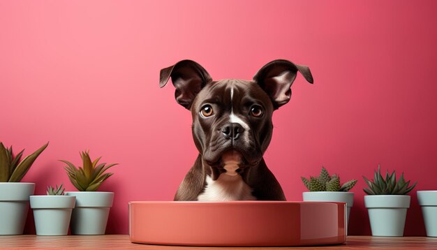 Photo a dog is sitting on a shelf with plants and a potted plant