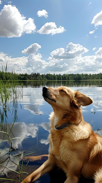 A dog is sitting on the shore of a lake