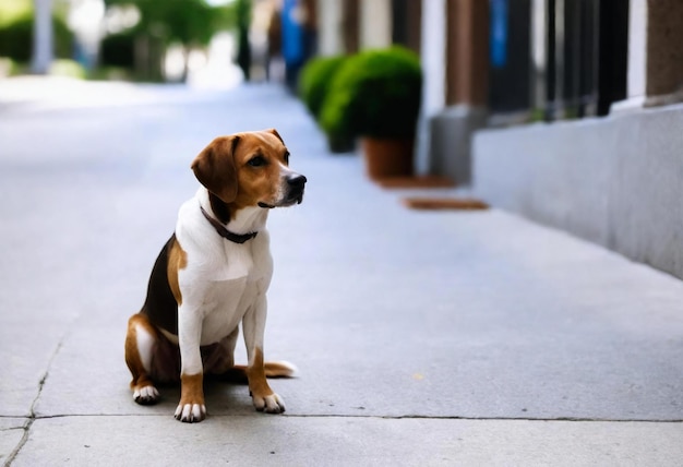 犬が歩道に座ってカメラを見ている