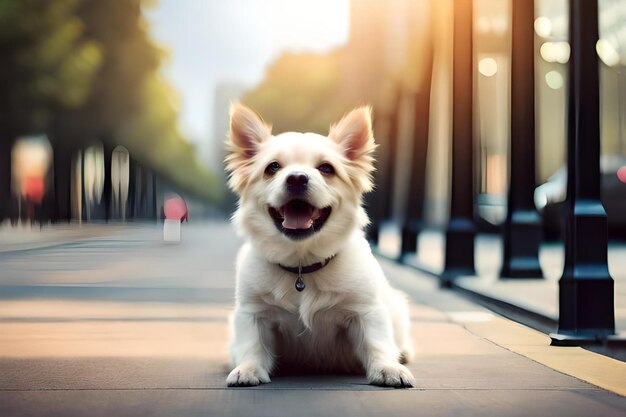 A dog is sitting on a sidewalk in the sun.