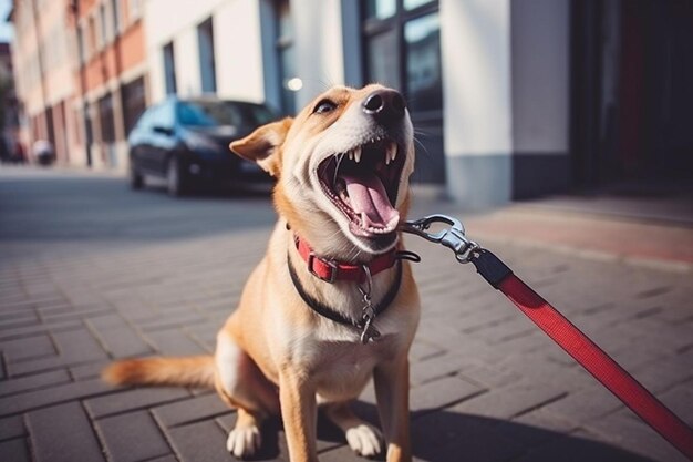 Photo a dog is sitting on a sidewalk with its mouth open