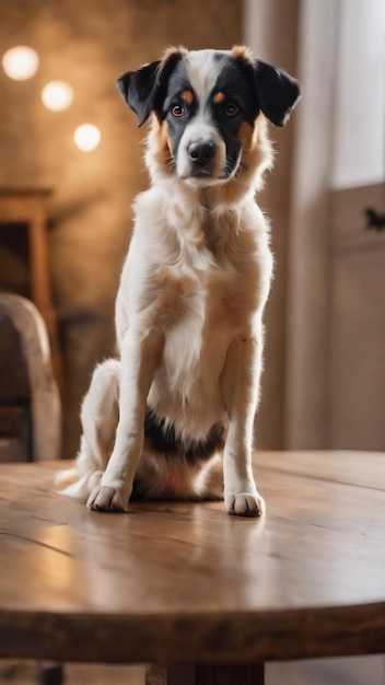 A dog is sitting on a table with a blurry background