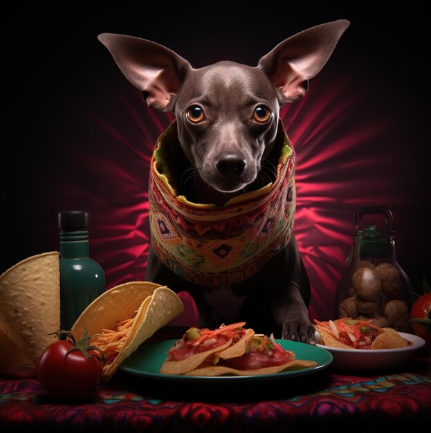 Foto un cane è seduto a un tavolo con un piatto di cibo e una bottiglia di birra.