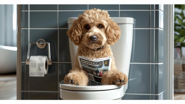 A dog is sitting on a toilet and reading a magazine