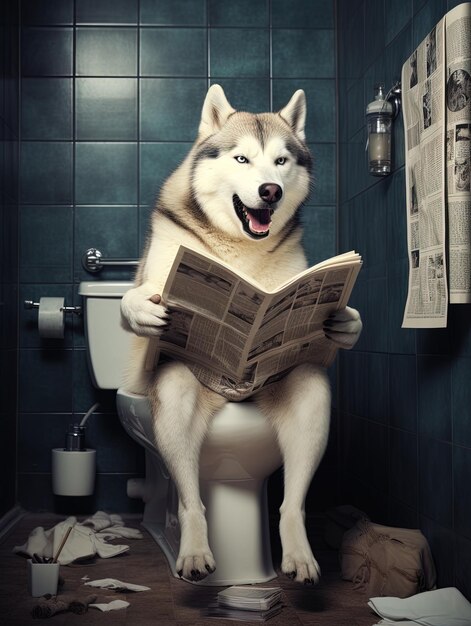 a dog is sitting on a toilet reading a newspaper