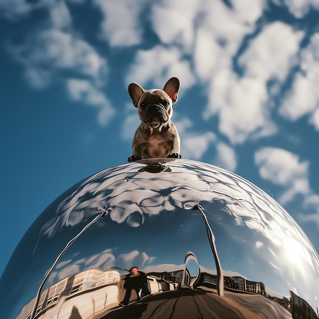Photo a dog is sitting on top of a dome with clouds in the sky