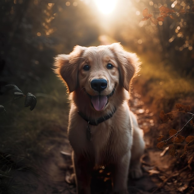 A dog is sitting on a trail in the woods.