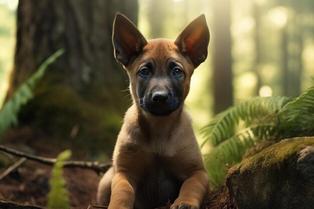 Photo a dog is sitting in the woods in the sun