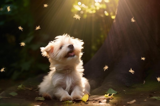 a dog is sitting in the woods with the sun shining through the leaves