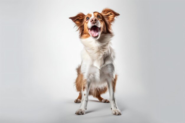 a dog is sitting and yawning with its mouth open