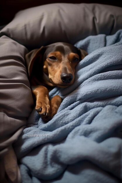 a dog is sleeping on a blanket with a blue blanket