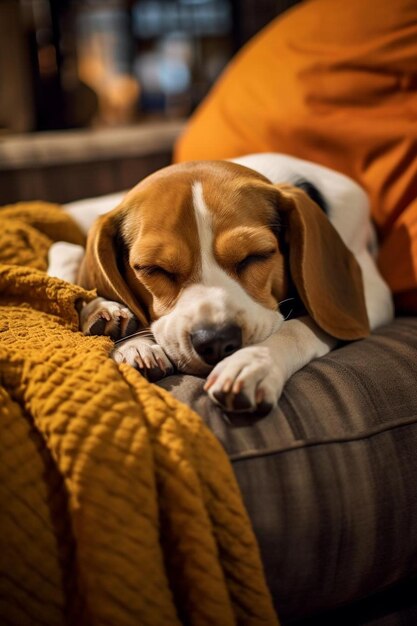 a dog is sleeping on a couch with his eyes closed