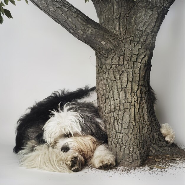 a dog is sleeping under a tree and the bark is white