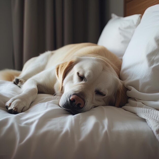 a dog is sleeping on a white bed with white sheets