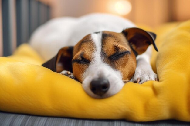 Photo a dog is sleeping on a yellow pillow with his eyes closed