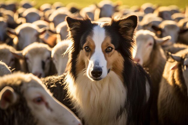 Photo a dog is standing among a herd of sheep