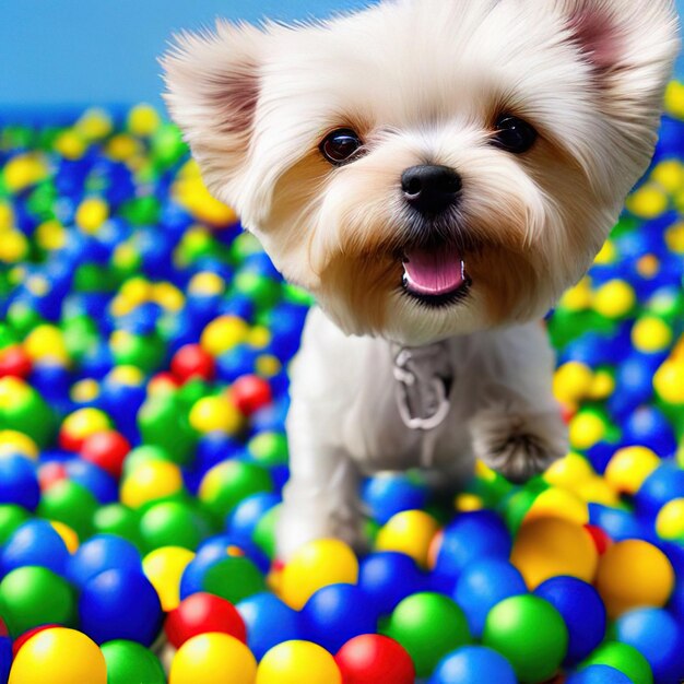 A dog is standing in a ball pit with a blue background.