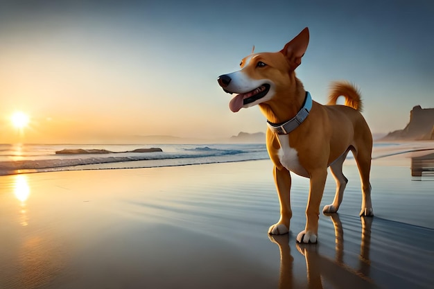 a dog is standing on the beach and looking at the camera.