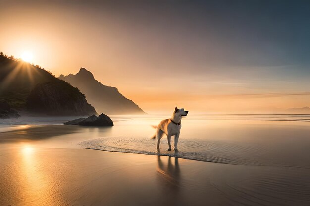 a dog is standing on the beach and looking at the sunset.