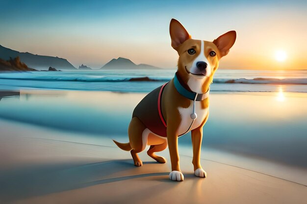 a dog is standing on a beach with the sun setting behind him.